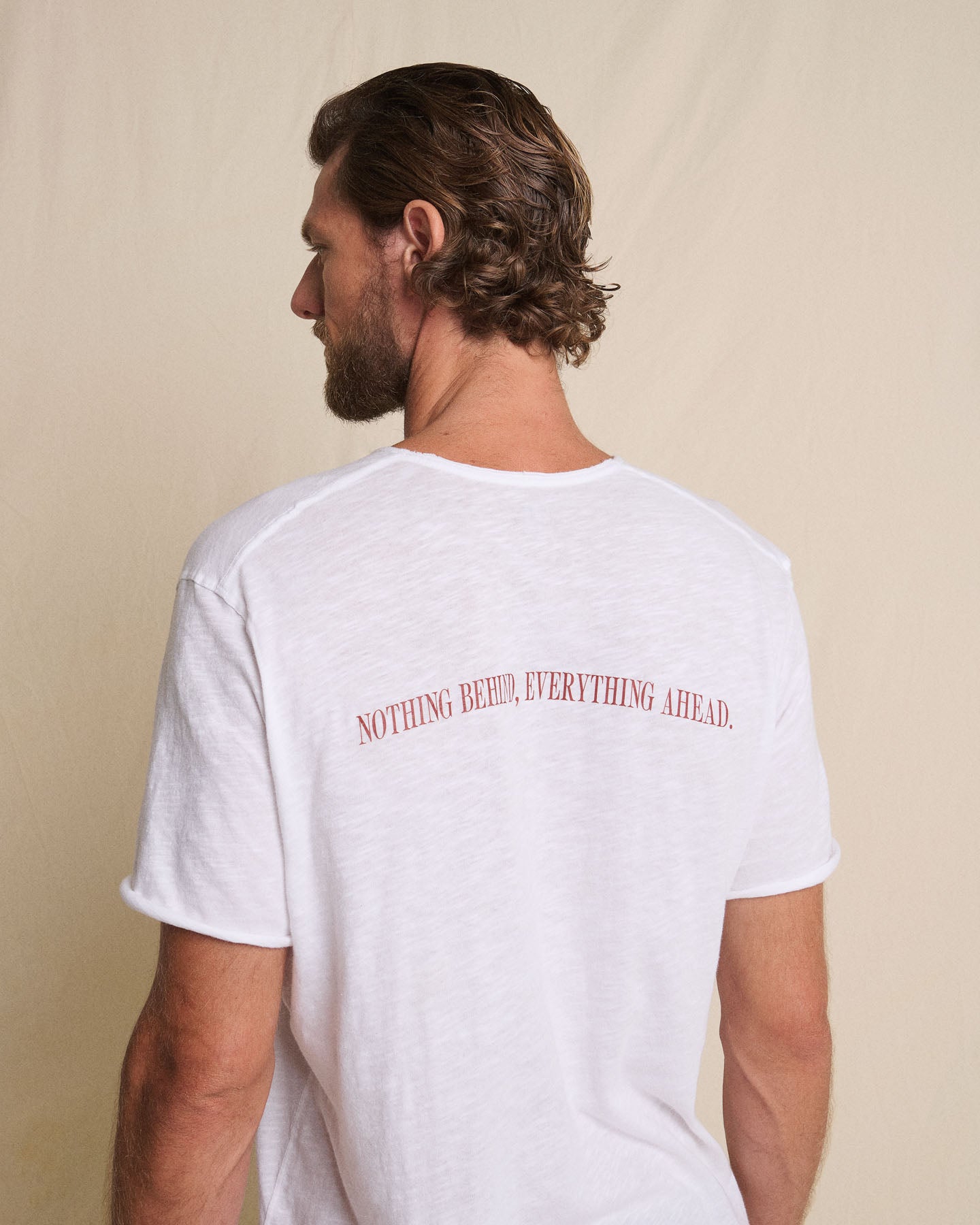 V NECK GRAPHIC TEE - NOTHING BEHIND, EVERYTHING AHEAD